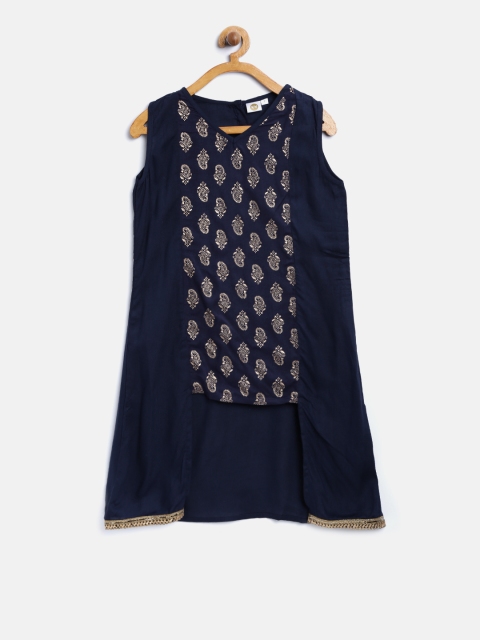 

K&U Girls Navy Blue Printed A-Line Kurta