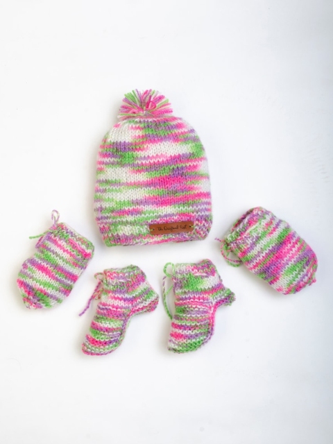 

The Original Knit Unisex Pack Of 3 Kids Pink & Green Printed Beanie