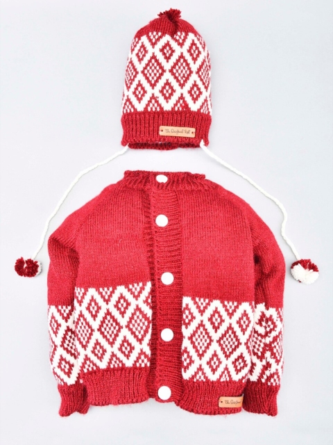 

The Original Knit Unisex Kids Maroon & White Printed Cardigan