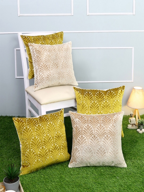 

Just Home Olive Green & Beige Set of 5 Ethnic Motifs Square Cushion Covers