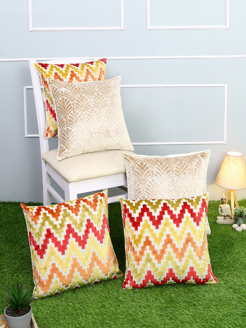 

Just Home Beige & Pink Set of 5 Geometric Velvet Square Cushion Covers