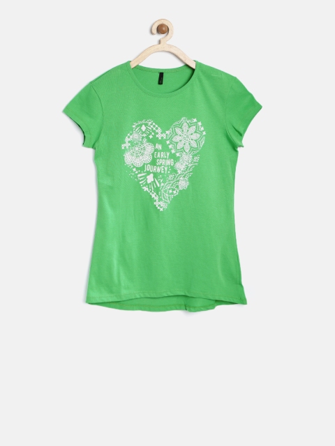 

United Colors of Benetton Girls Green Printed Round Neck T-shirt