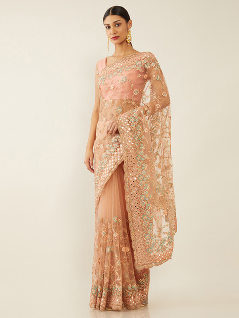 

Soch Peach-Coloured & Silver-Toned Floral Embroidered Net Saree
