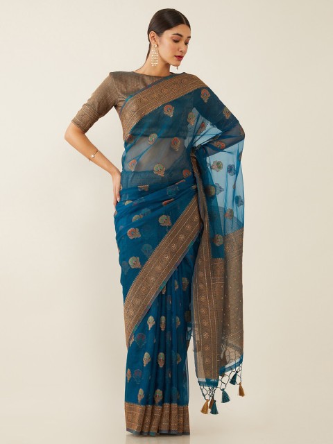 

Soch Blue & Gold-Toned Floral Organza Saree