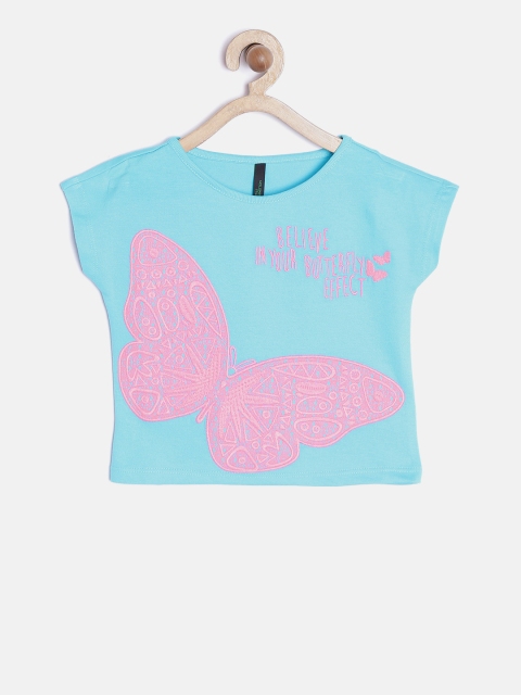 

United Colors of Benetton Girls Blue & Pink Embroidered Round Neck T-shirt