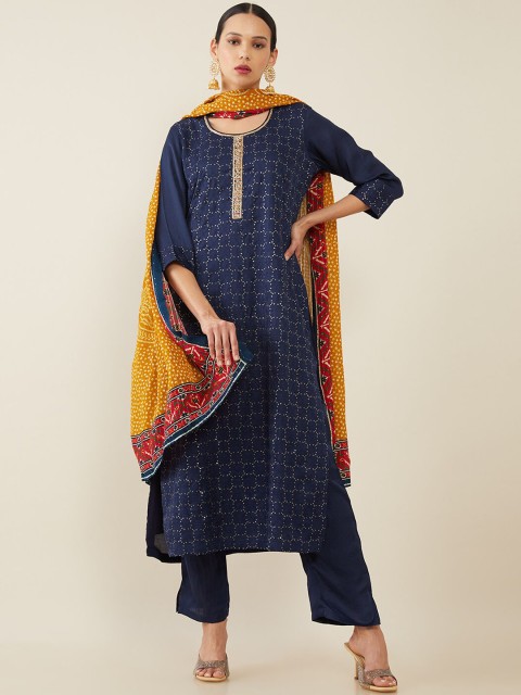 

Soch Women Navy Blue Ethnic Motifs Yoke Design Sequinned Kurta with Trousers