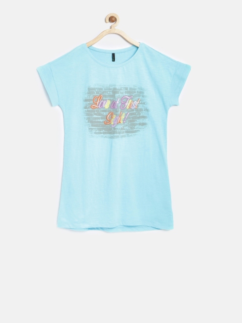

United Colors of Benetton Girls Blue Printed Round Neck T-shirt