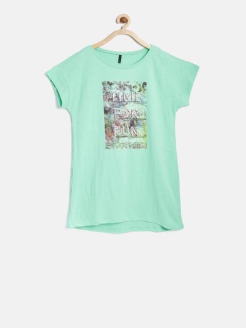 

United Colors of Benetton Girls Green Printed Round Neck T-shirt