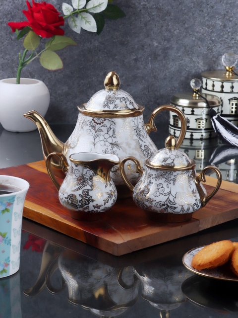 

ceradeco White & Silver-Toned Floral Printed Bone China Glossy Kettle Set of Cups and Mugs