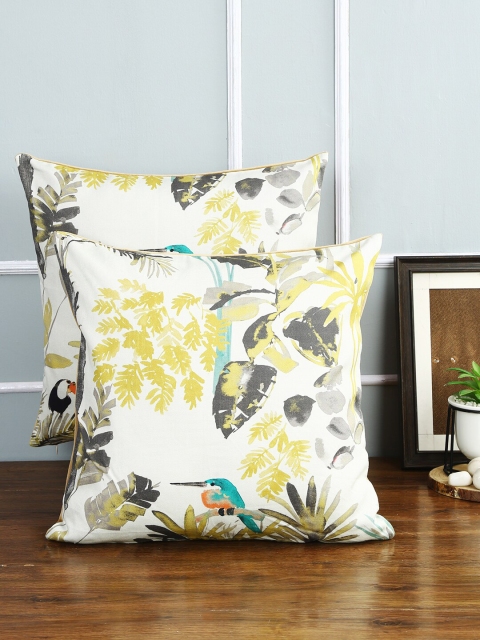 

Just Home White & Yellow Set of 2 Floral Pure Cotton Square Cushion Covers