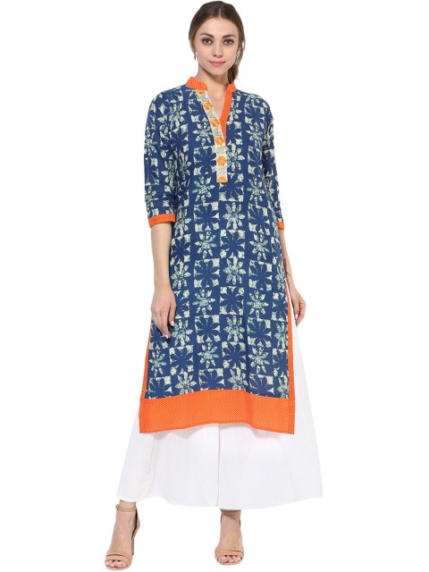 

Get Glamr Women Navy Floral Print Straight Kurta, Navy blue