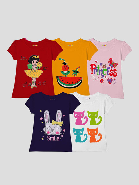 

KUCHIPOO Girls Multicolored Pack Of 5 Printed T-shirt, Multi