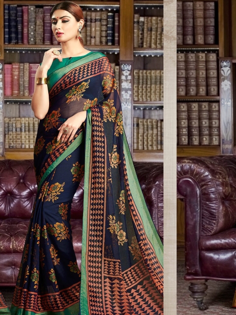 

Shaily Navy Blue & Green Floral Brasso Saree