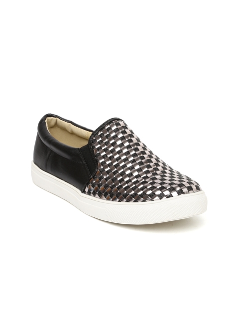 

Addons Women Black & Silver-Toned Textured Slip-On Sneakers