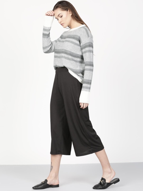 

ether Women Grey Melange Striped Sweater with Contrast Hem