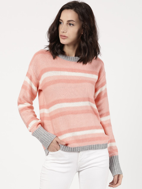 

ether Women Peach-Coloured & Off-White Striped Pullover