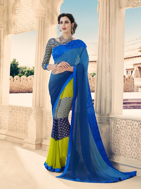 

Shaily Blue & Green Printed Pure Georgette Saree