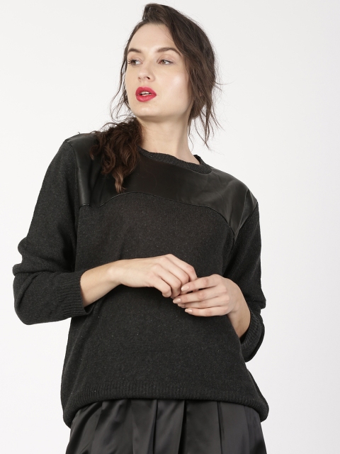 

ether Charcoal Grey Faux Leather Panelled Sweater