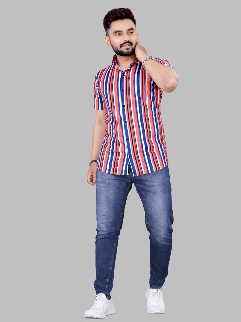

Fashion FRICKS Men Red & Blue Classic Striped Casual Shirt
