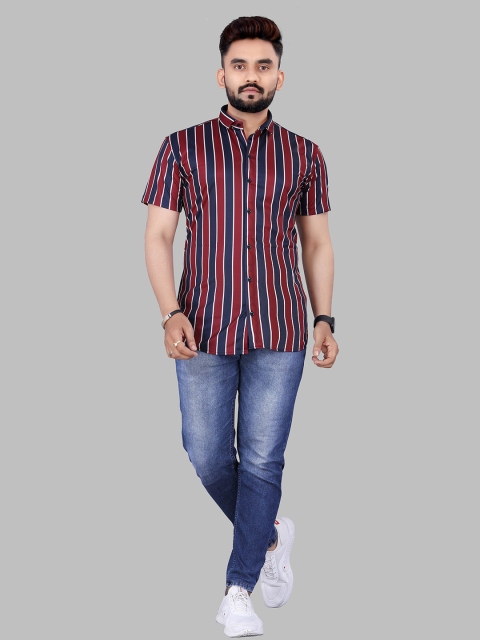 

Fashion FRICKS Men Maroon & Navy Blue Classic Striped Casual Shirt