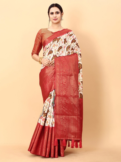 

MARGI DESIGNERS Off White & Red Kalamkari Zari Silk Blend Banarasi Saree