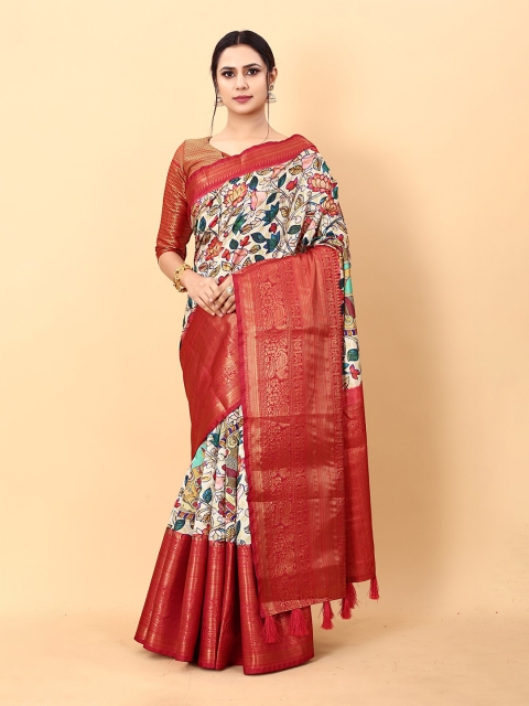 

MARGI DESIGNERS Off White & Red Zari Silk Blend Banarasi Saree