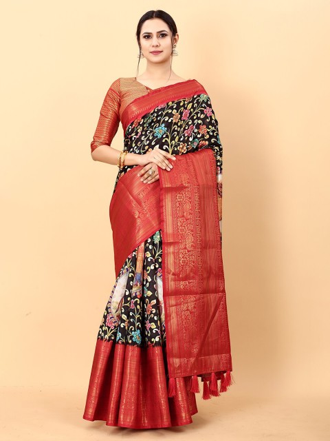 

MARGI DESIGNERS Black & Red Kalamkari Zari Silk Blend Banarasi Saree