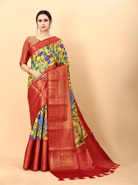 

MARGI DESIGNERS Yellow & Green Kalamkari Zari Silk Blend Banarasi Saree