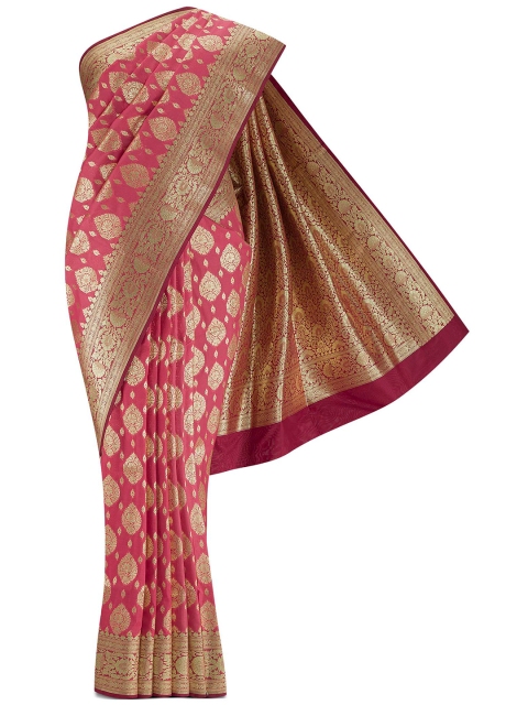 

Nalli Next Coral & Golden Ethnic Motifs Zari Art Silk Banarasi Saree