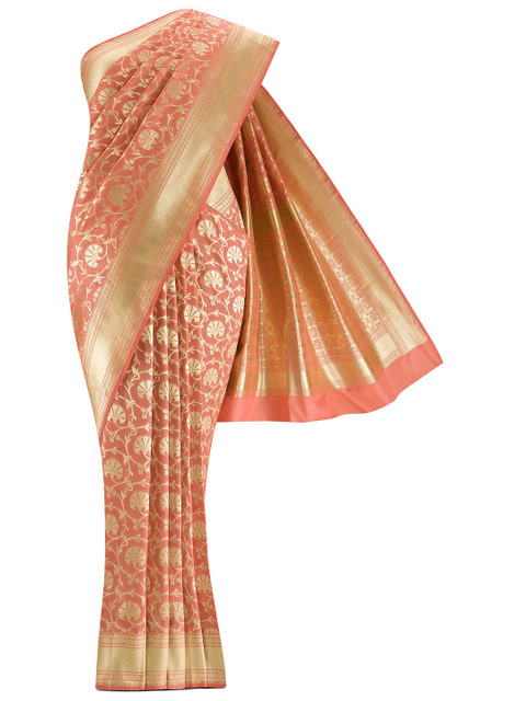 

Nalli Next Peach-Coloured & Gold-Toned Floral Zari Art Silk Banarasi Saree