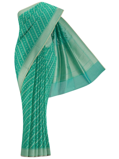 

Nalli Next Green & Silver-Toned Striped Zari Silk Cotton Banarasi Saree