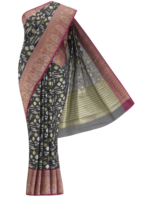 

Nalli Next Grey & Gold-Toned Woven Design Zari Silk Cotton Banarasi Saree