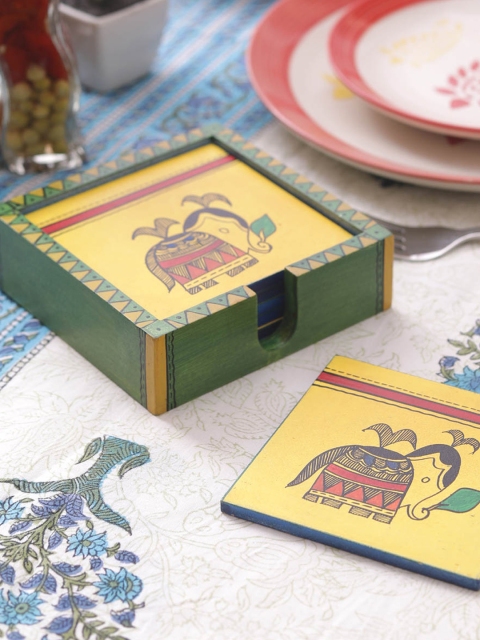 

VarEesha Yellow Set Of 6 Handcrafted Wooden Coasters