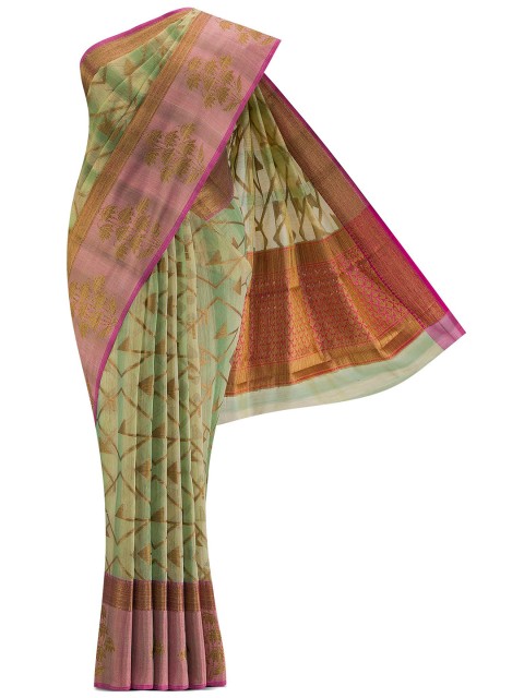 

Nalli Next Green & Gold-Toned Woven Design Zari Silk Cotton Banarasi Saree