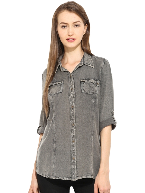 Free & Young Women Charcoal Grey Slim Fit Solid Chambray Casual Shirt available at myntra for Rs.764