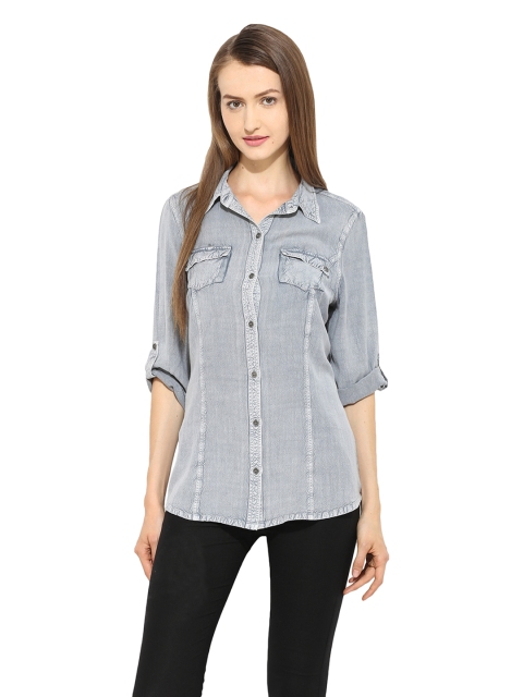 Free & Young Women Blue Slim Fit Washed Chambray Casual Shirt available at myntra for Rs.764