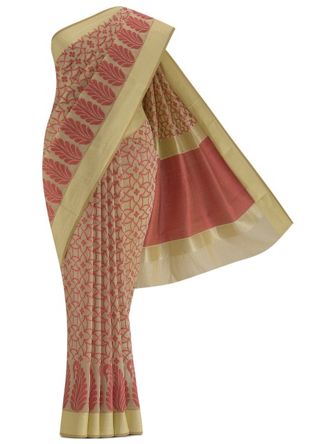

Nalli Next Beige & Red Woven Design Zari Silk Cotton Banarasi Saree