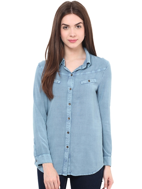 Free & Young Women Blue Slim Fit Chambray Casual Shirt available at myntra for Rs.742