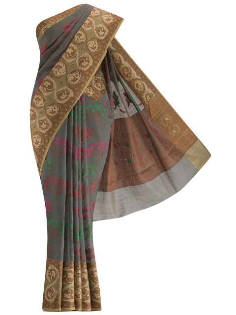 

Nalli Next Grey & Gold-Toned Woven Design Zari Silk Cotton Banarasi Saree