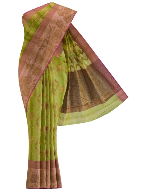 

Nalli Next Green & Pink Ethnic Motifs Zari Silk Cotton Banarasi Saree