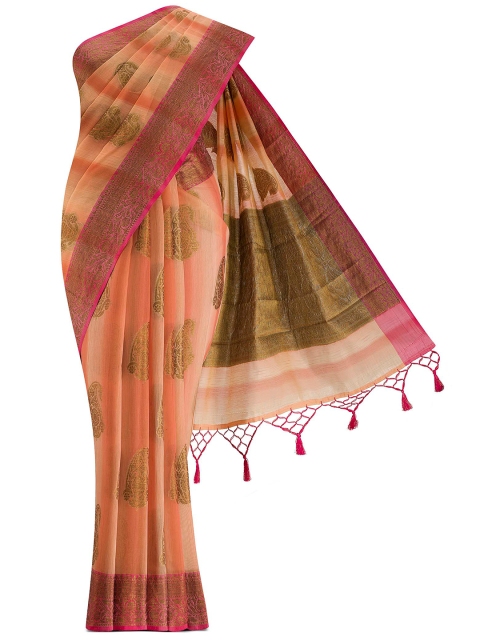 

Nalli Next Orange & Gold-Toned Woven Design Zari Silk Cotton Banarasi Saree