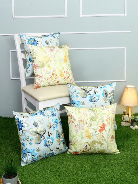 

Just Home Beige & Blue Set of 5 Floral Square Cushion Covers