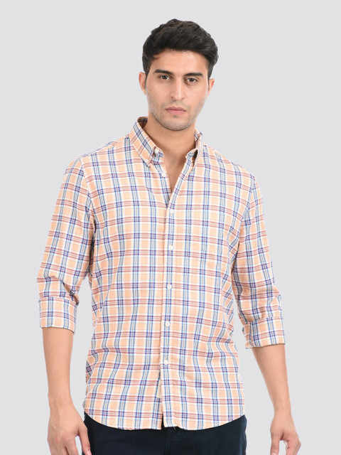 

LONDON FOG Men Orange Comfort Tartan Checks Casual Cotton Shirt