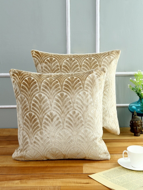

Just Home Beige Set of 2 Ethnic Motif Velvet Reversible Square Cushion Covers