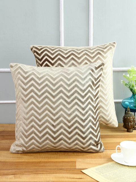 

Just Home Beige Set of 2 Geometric Velvet Reversible Square Cushion Covers