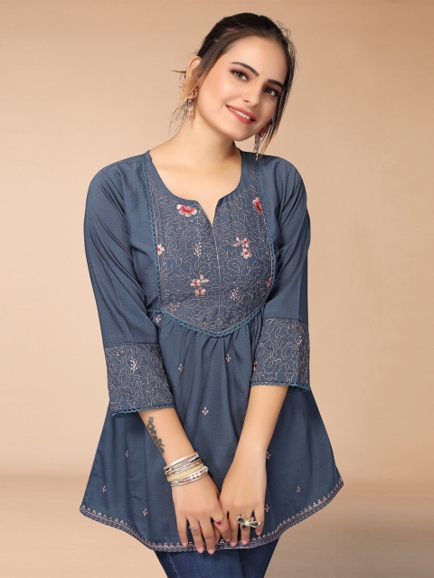 

KALINI Women Turquoise Blue Floral Yoke Design Embroidered Anarkali Kurti