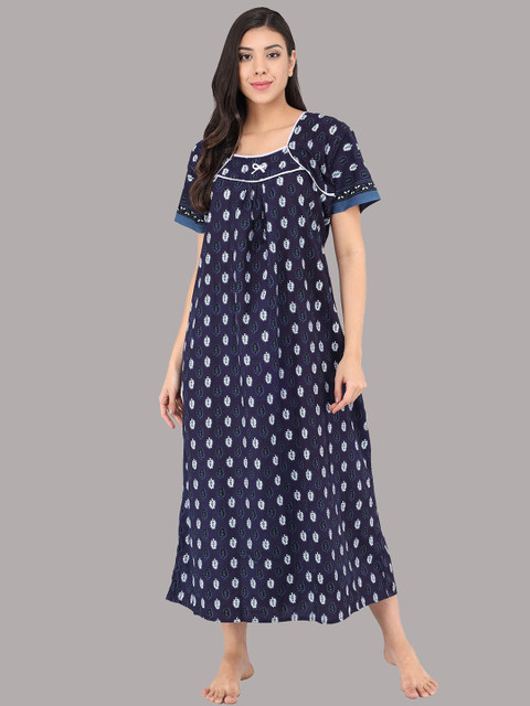 

Shararat Women's Printed Cotton Nighty/Night Dress/Night Gown - Free Size (Navy Blue)