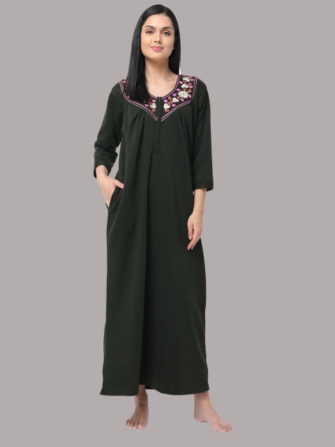 

Shararat Women Green Embroidered Maxi Nightdress