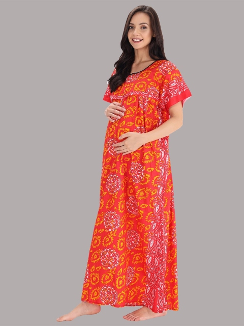 

Shararat Orange Printed Pure Cotton Maternity Maxi Nightdress
