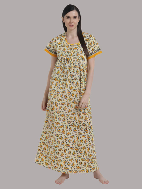 

Shararat Women Yellow Printed Pure Cotton Maxi Nightdress